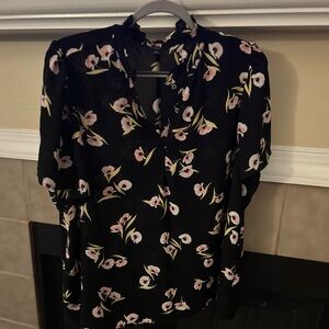 Black Floral Ann Taylor Factory Short Sleeve Blouse XL
